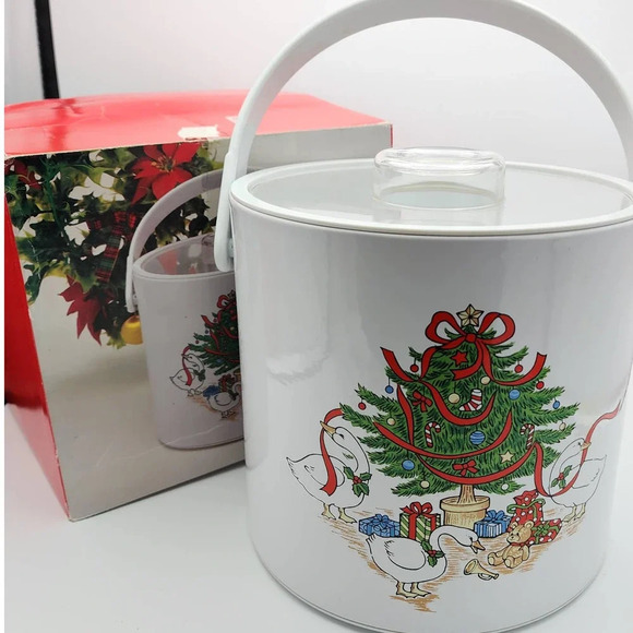 Vintage Pheonix Christmas Tree 3.5 Quart Covered Ice bucket with Tongs & Box HTF - Picture 1 of 13